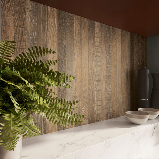 Shizen Ambra 15x120cm, dark wood effect tile at Irwin Tiles
