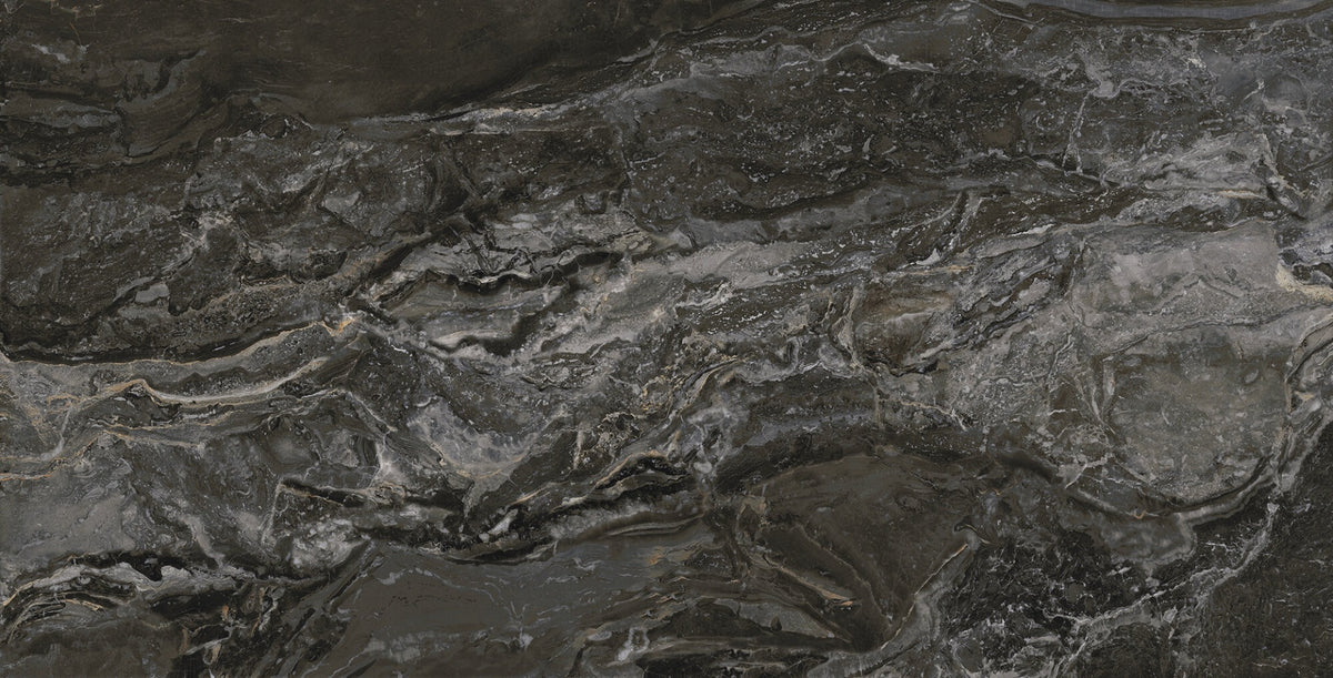 Orobico Dark Polished 75.5 x 151cm, gloss porcelain tile for feature walls at Irwin Tiles