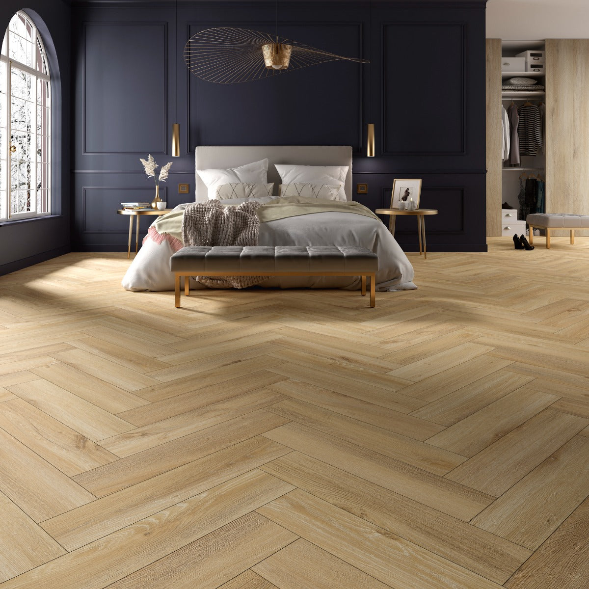 Papyrus Herringbone All Over Water Resistant Laminate 12mm, light laminate flooring at Irwin Tiles