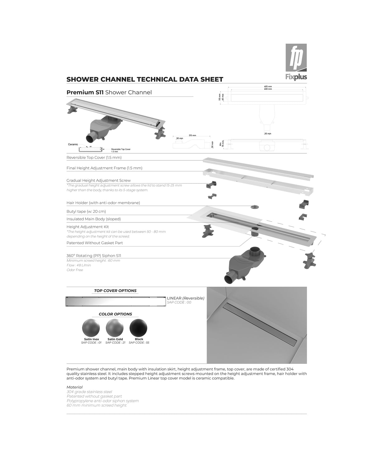 Fixplus Premium Shower Linear Drain Satin Bronze (Various Sizes Available)