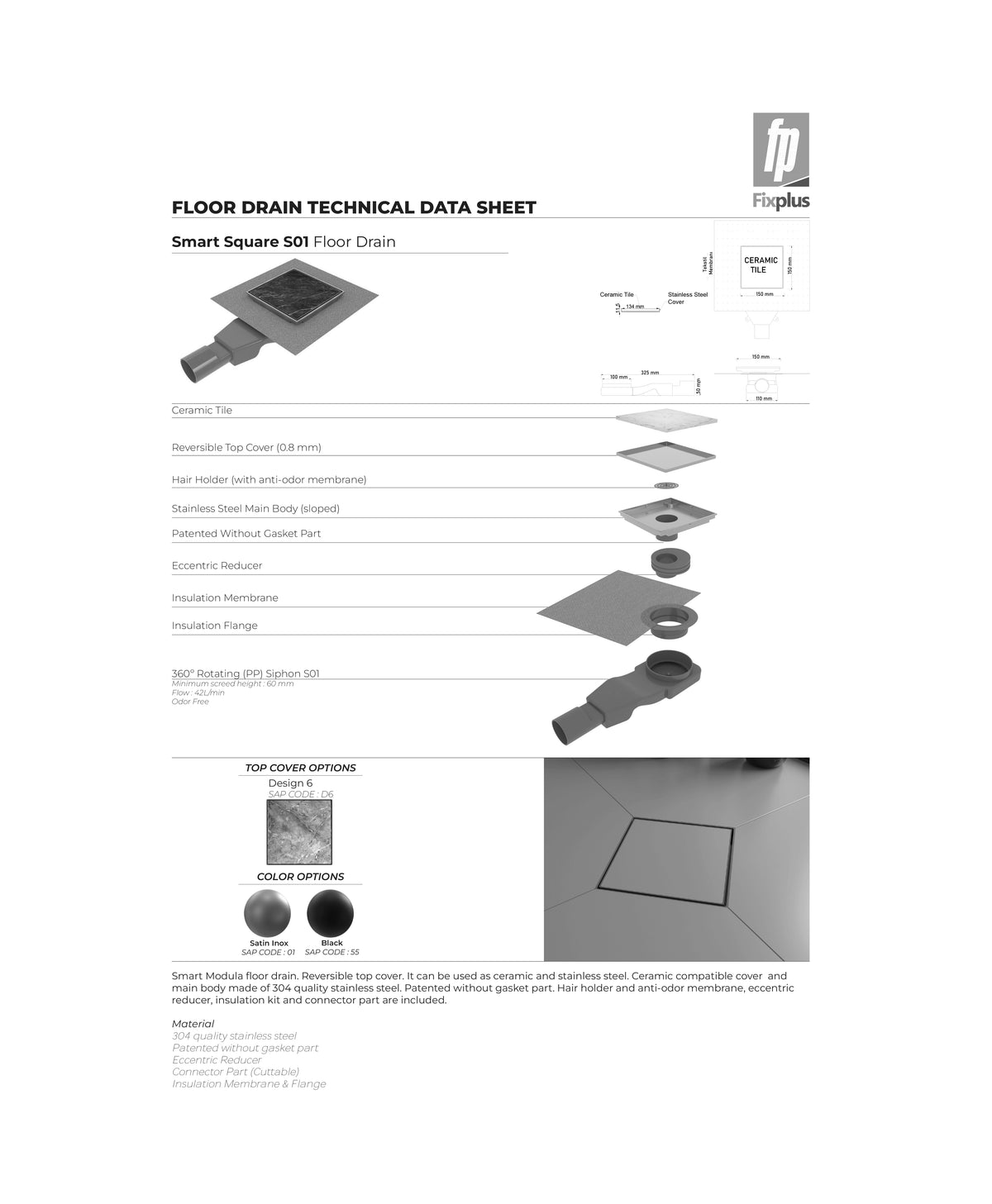 Smart Modula Square Shower Drain 15x15cm (Various Colours Available)