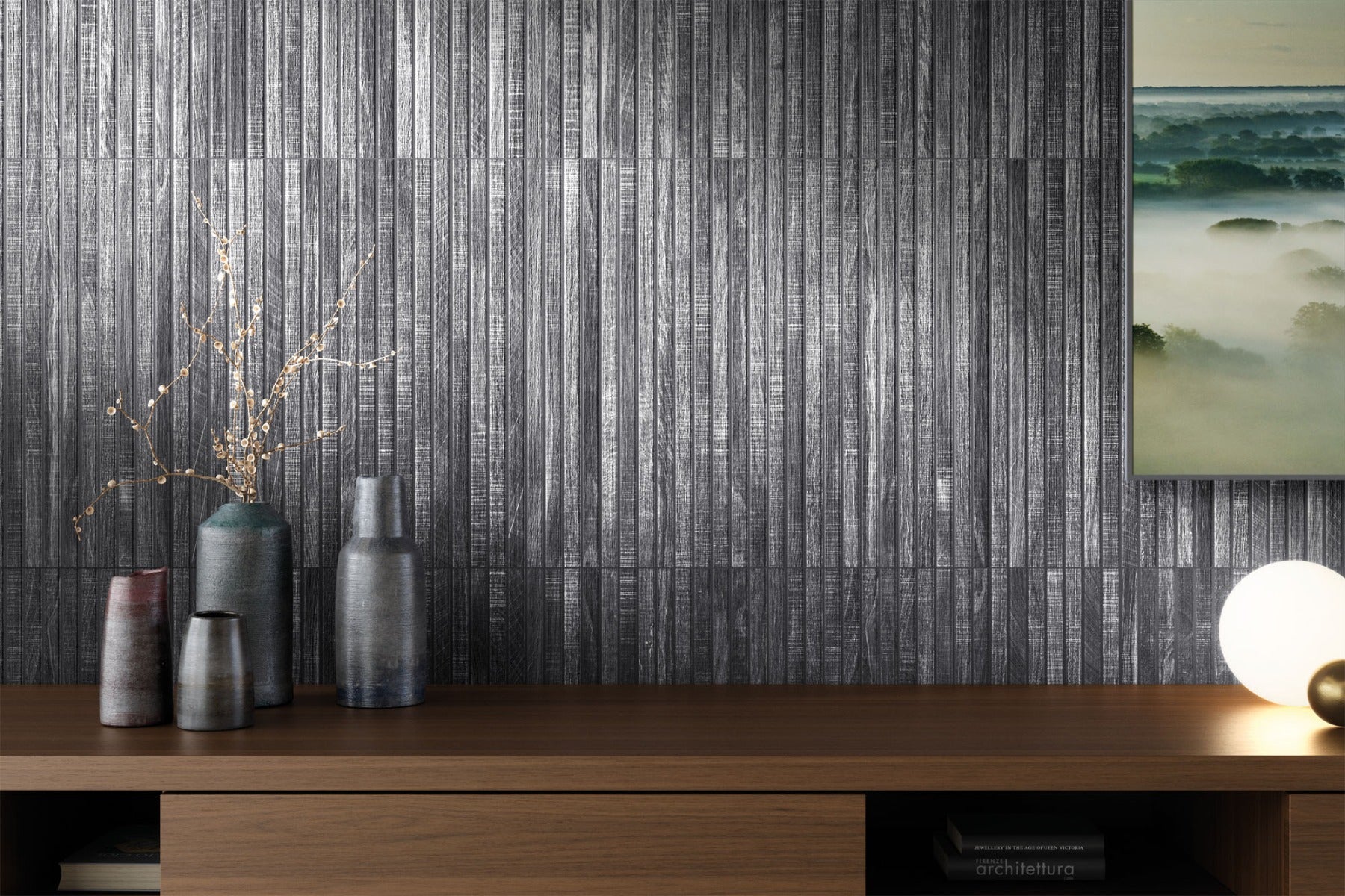 Ribbon Black (Ribbed Wood Look) Rectified Porcelain 60 x 120cm, matt tile at Irwin Tiles