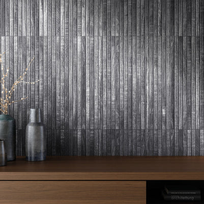 Ribbon Black (Ribbed Wood Look) Rectified Porcelain 60 x 120cm, matt tile at Irwin Tiles