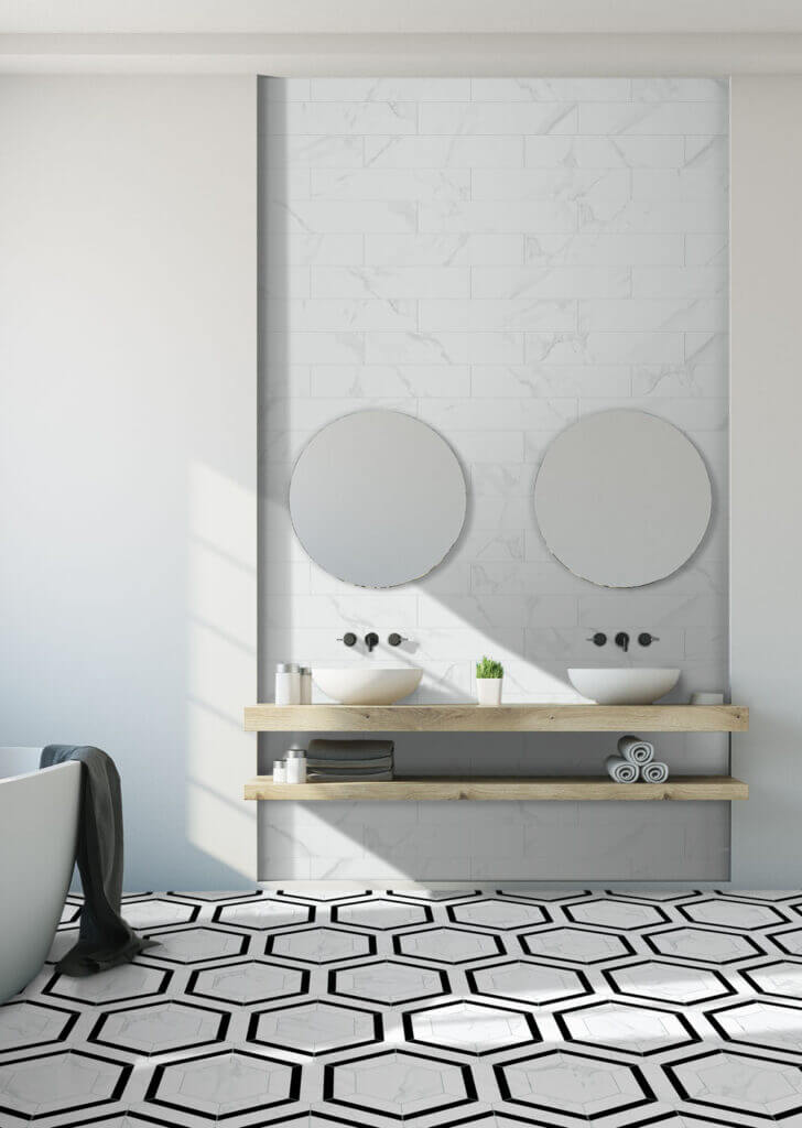Dortmund Hex & Essen Hex tile, black matt, at Irwin Tiles