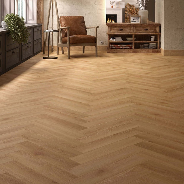 Chene Miel Herringbone Laminate 10mm Water Resistant, medium laminate flooring at Irwin Tiles