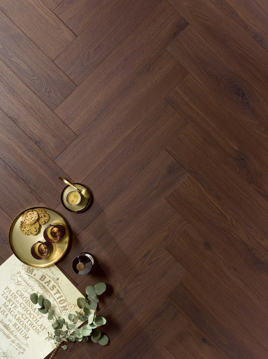 Chene Ghana Herringbone Laminate 10mm Water Resistant, dark laminate flooring at Irwin Tiles