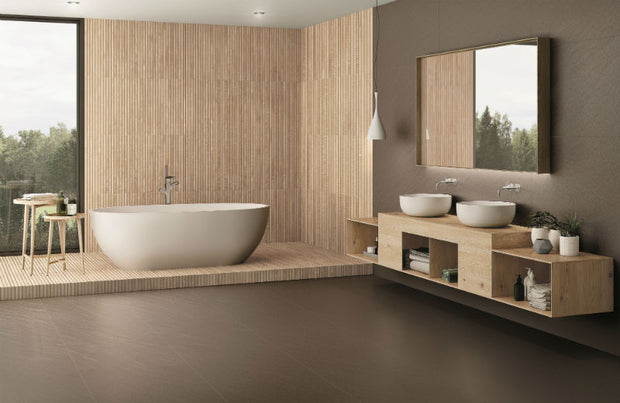 Ribbon Natural (Ribbed Wood Look) Rectified Porcelain 60 x 120cm, matt tile at Irwin Tiles