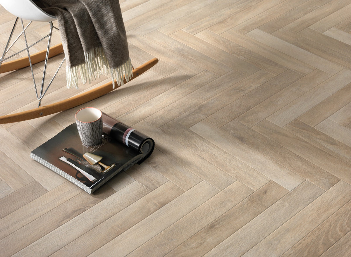 Greenwood Beige Herringbone, matt porcelain tile for bathroom and other wet floors at Irwin Tiles, view 11