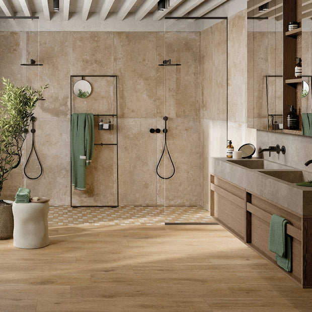 Cortina Cognac 24x150cm, light wood effect matt tile at Irwin Tiles
