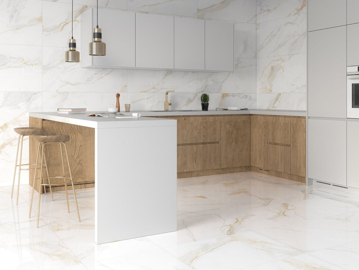 Marshall Gold 60 x 60cm, gloss porcelain tile for kitchens, bathrooms and hallways at Irwin Tiles