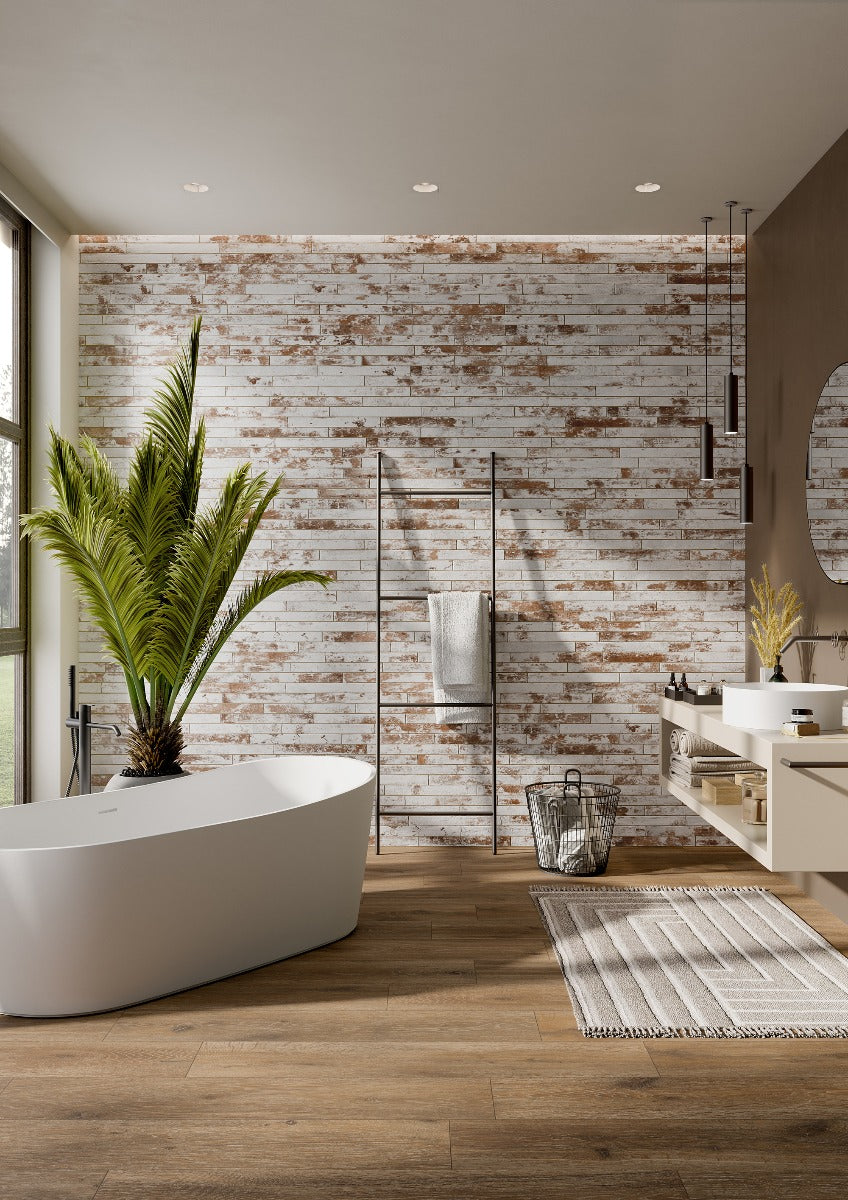 Harlem Red White Brick 4.8x45cm, porcelain tile for feature walls at Irwin Tiles