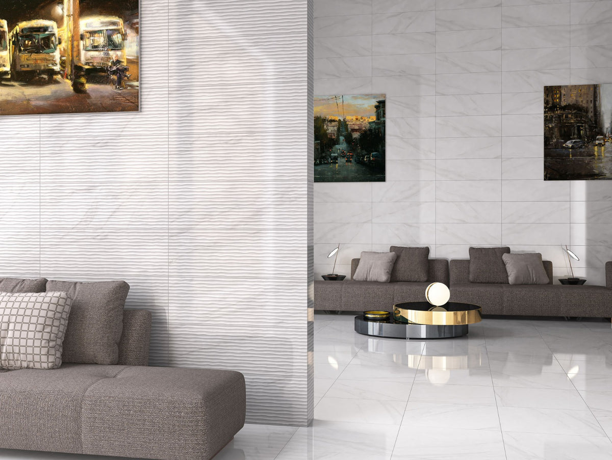 Marwol White Decor Glossy 30 x 90cm, tile at Irwin Tiles
