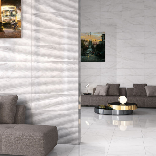 Marwol White Decor Glossy 30 x 90cm, tile at Irwin Tiles