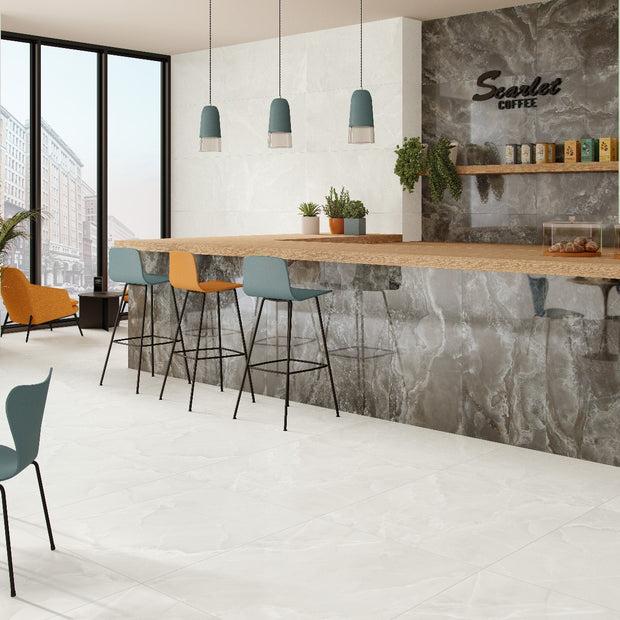 Scarlet Soft White Polished 100x100cm, gloss tile at Irwin Tiles