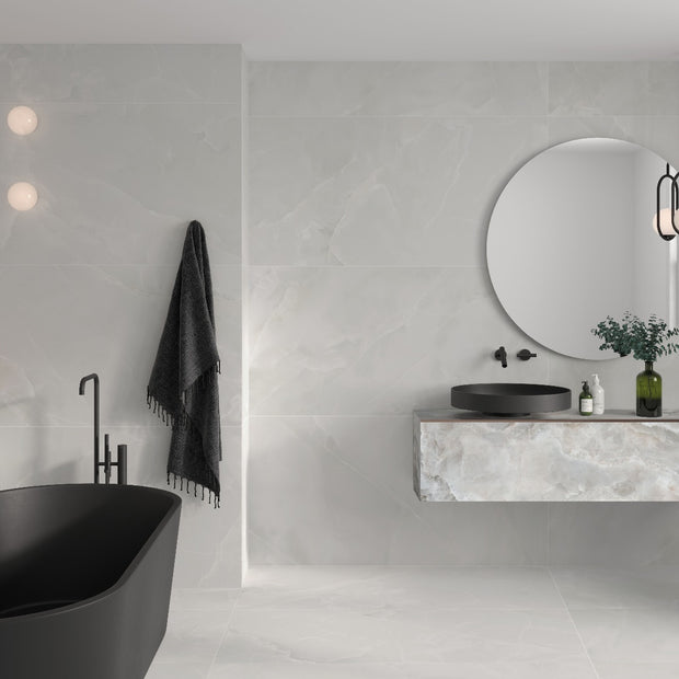 Scarlet Soft White Polished 100x100cm, porcelain tile at Irwin Tiles