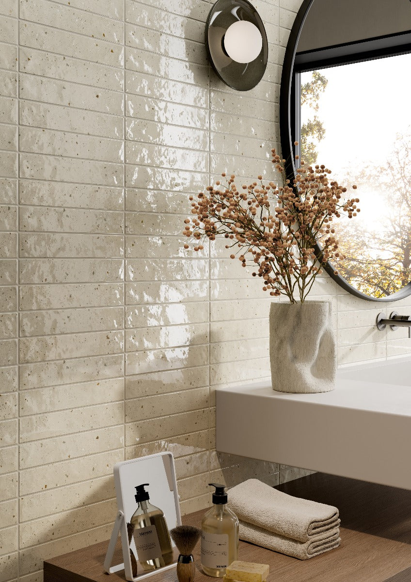 Via De Sale Tan 5.2x29cm, beige gloss tile at Irwin Tiles