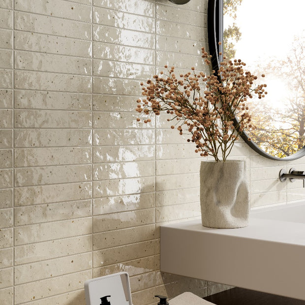 Via De Sale Tan 5.2x29cm, beige gloss tile at Irwin Tiles