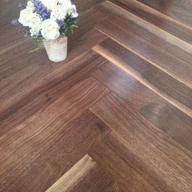 American Walnut Engineered Herringbone, lacquered engineered wood flooring at Irwin Tiles