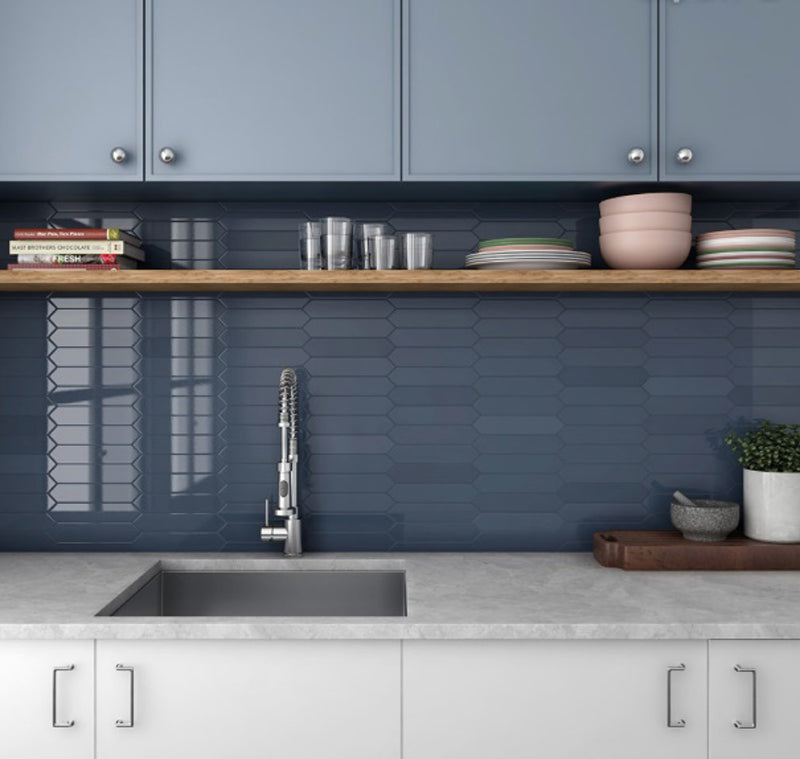 Arrow Blue Velvet 5 x 25cm, gloss tile at Irwin Tiles