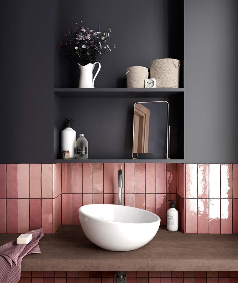 Artisan Rose Mallow 6.5 x 20cm, pink gloss wall tile at Irwin Tiles