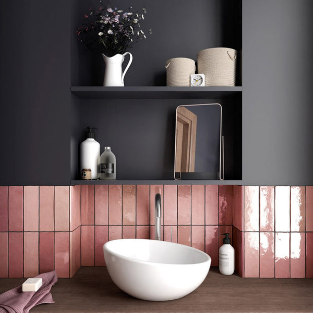 Artisan Rose Mallow 6.5 x 20cm, pink gloss wall tile at Irwin Tiles