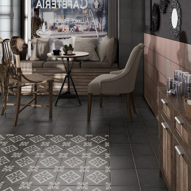 Art Nouveau Padua Black 20 x 20cm, porcelain tile at Irwin Tiles