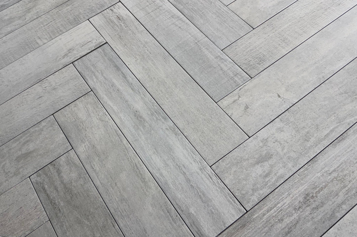 Beziers Cenzia Herringbone 10 x 49cm, light wood effect matt tile at Irwin Tiles