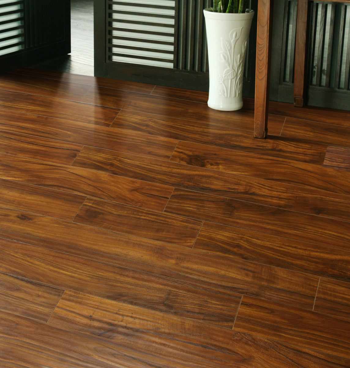 Acacia Walnut High Gloss Laminate 12mm Waterproof, glossy laminate flooring at Irwin Tiles