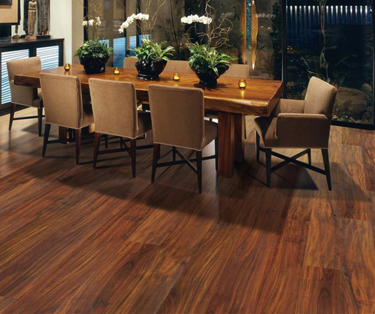 Acacia Walnut High Gloss Laminate 12mm Waterproof, glossy laminate flooring for kitchens, hallways and living at Irwin Tiles