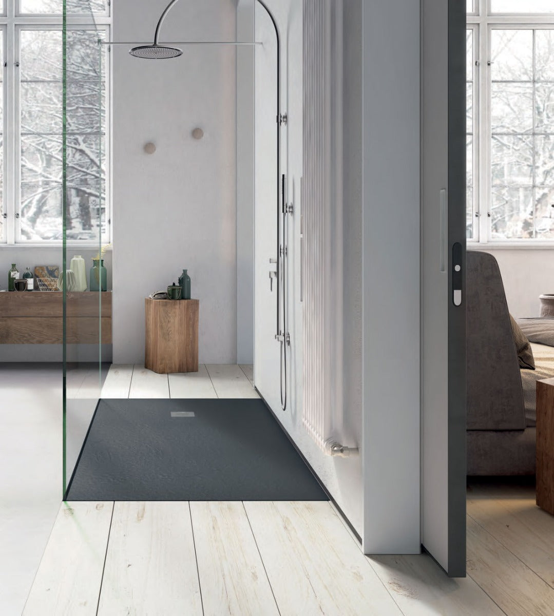 SolidSoft Rectangular Anthracite Flexible Shower Tray Square Drain, flexible shower tray for tiled shower at Irwin Tiles