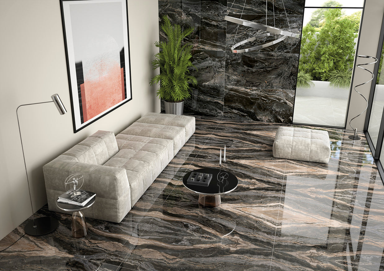 Orobico Book-Matched Polished 76.5 x 151cm (Set of 4 pcs), grey gloss tile at Irwin Tiles