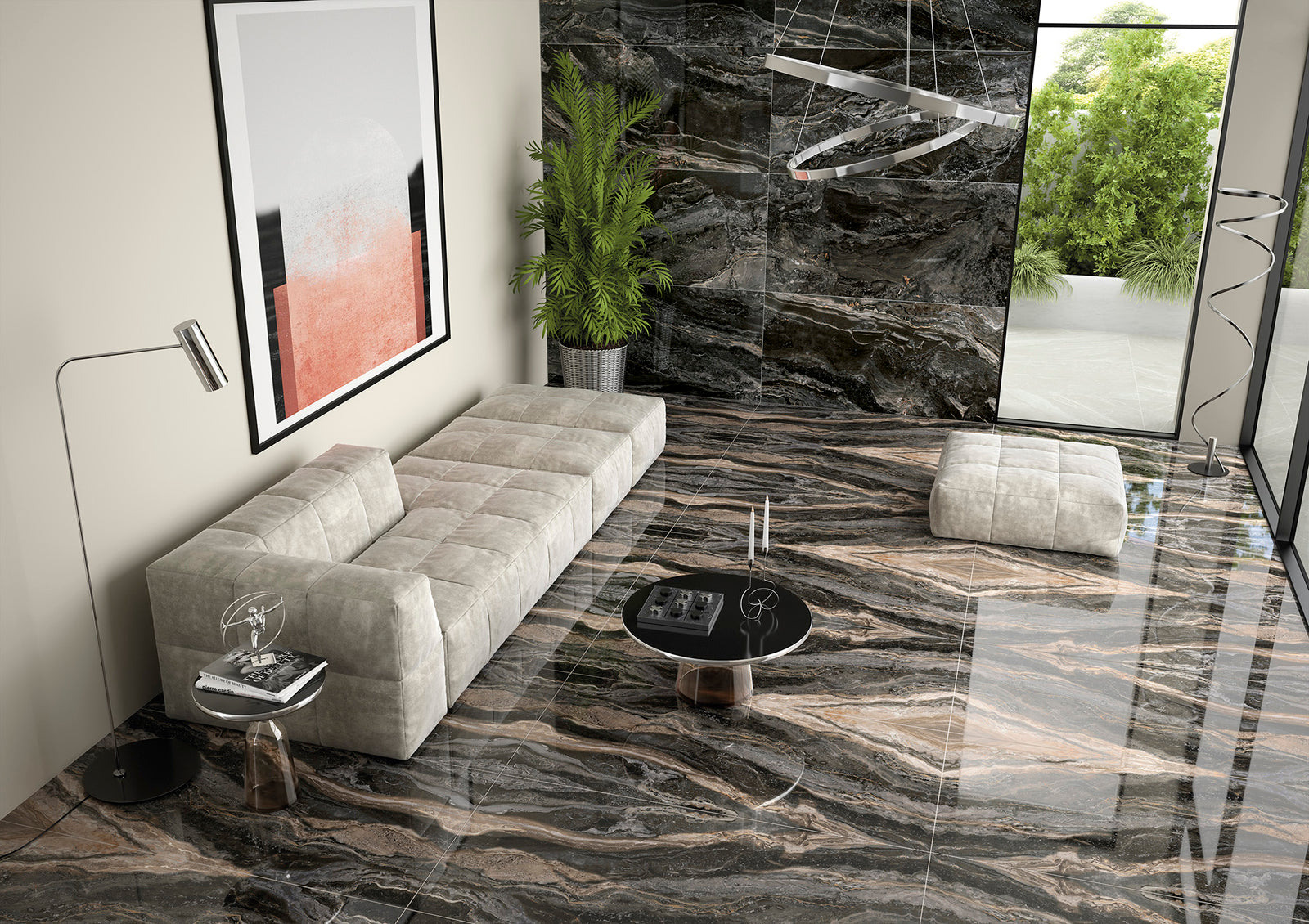 Orobico Book-Matched Polished 76.5 x 151cm (Set of 4 pcs), grey gloss tile at Irwin Tiles