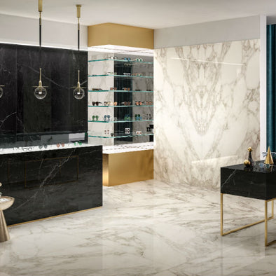 Arabesque Pearl - Book Matched 120 x 260cm, tile at Irwin Tiles