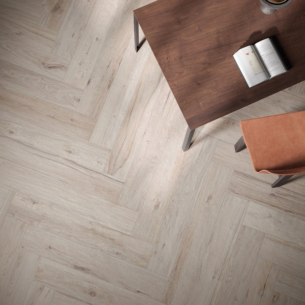 Briccole Avorio Herringbone 15 x 60cm, porcelain tile at Irwin Tiles