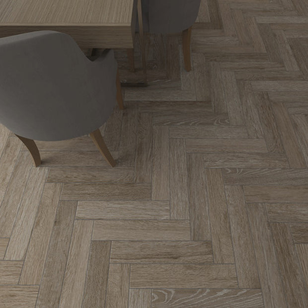 Burdeos Roble Herringbone 10 x 49cm, light wood effect matt tile at Irwin Tiles