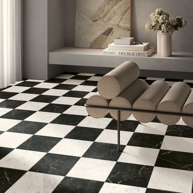 Livingstone Nero & Marmi Carrara Chequered 30x30cm, matt tile at Irwin Tiles