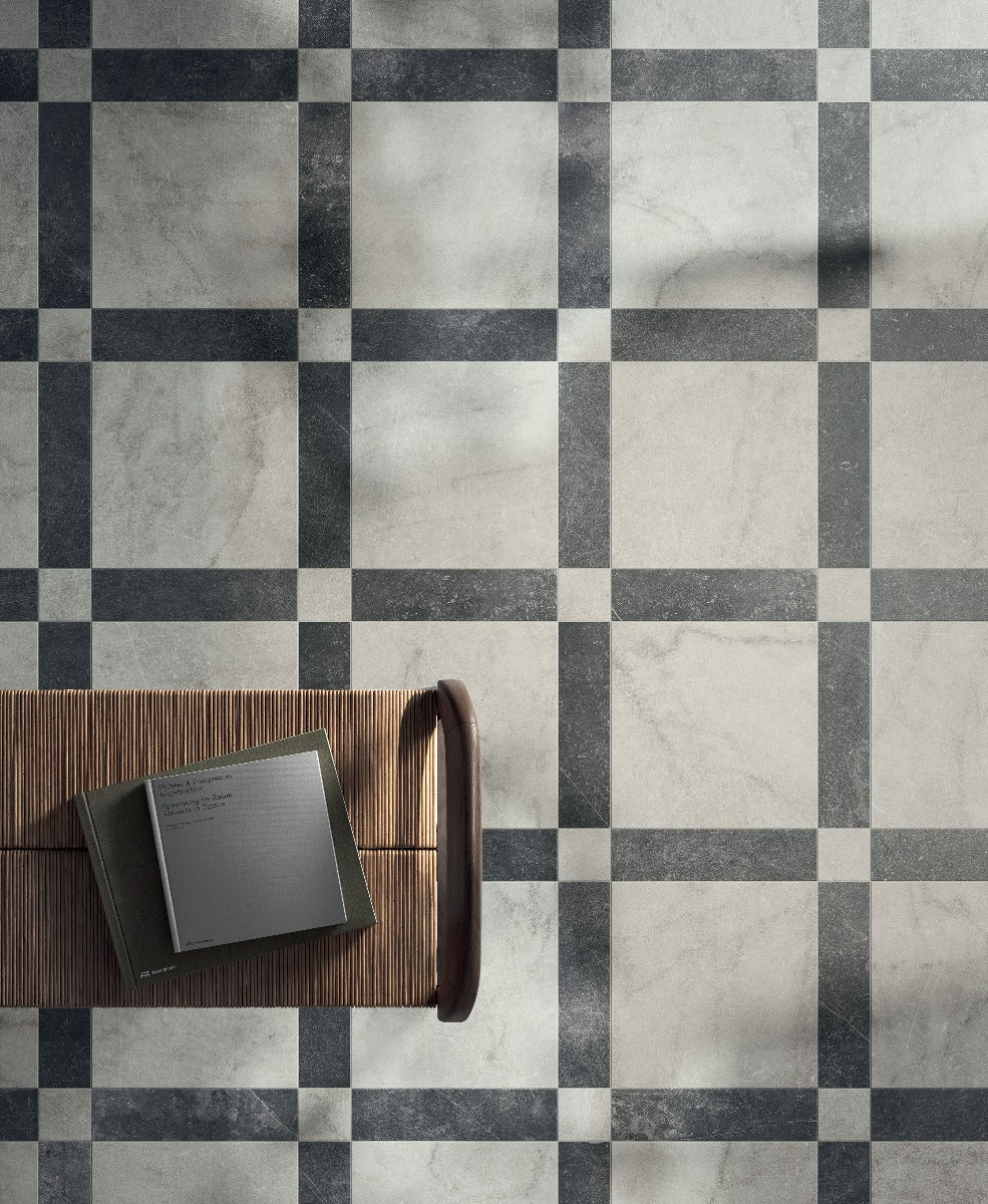 Livingstone Gold with Livingstone Nero & Gold Corner Trellis, porcelain tile at Irwin Tiles