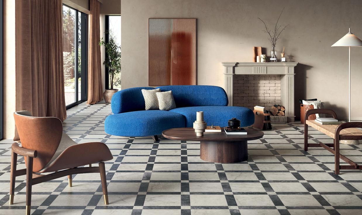 Livingstone Gold with Livingstone Nero & Gold Corner Trellis, matt tile at Irwin Tiles