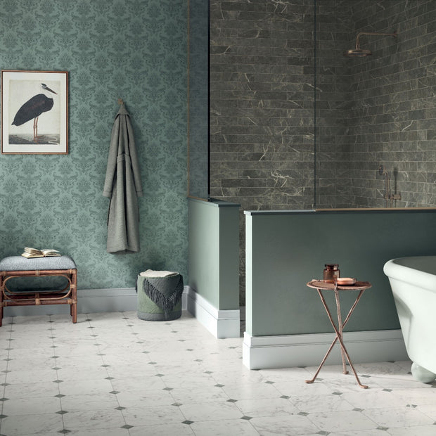 Marmi Carrara Octagon 30x30cm (Livingstone Nero Insert 5x5cm), porcelain tile at Irwin Tiles