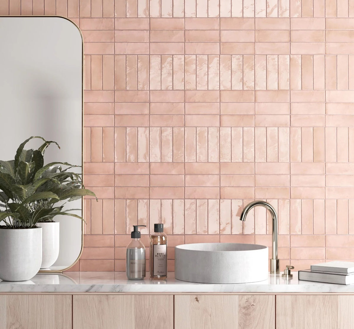 Coco Orchard Pink Glossy 5 x 15cm, porcelain wall tile for kitchen walls and splashbacks at Irwin Tiles