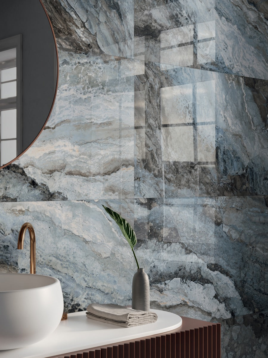 Mystic Ocean Krystal Finish 120x278cm, gloss porcelain tile for kitchens, bathrooms and hallways at Irwin Tiles