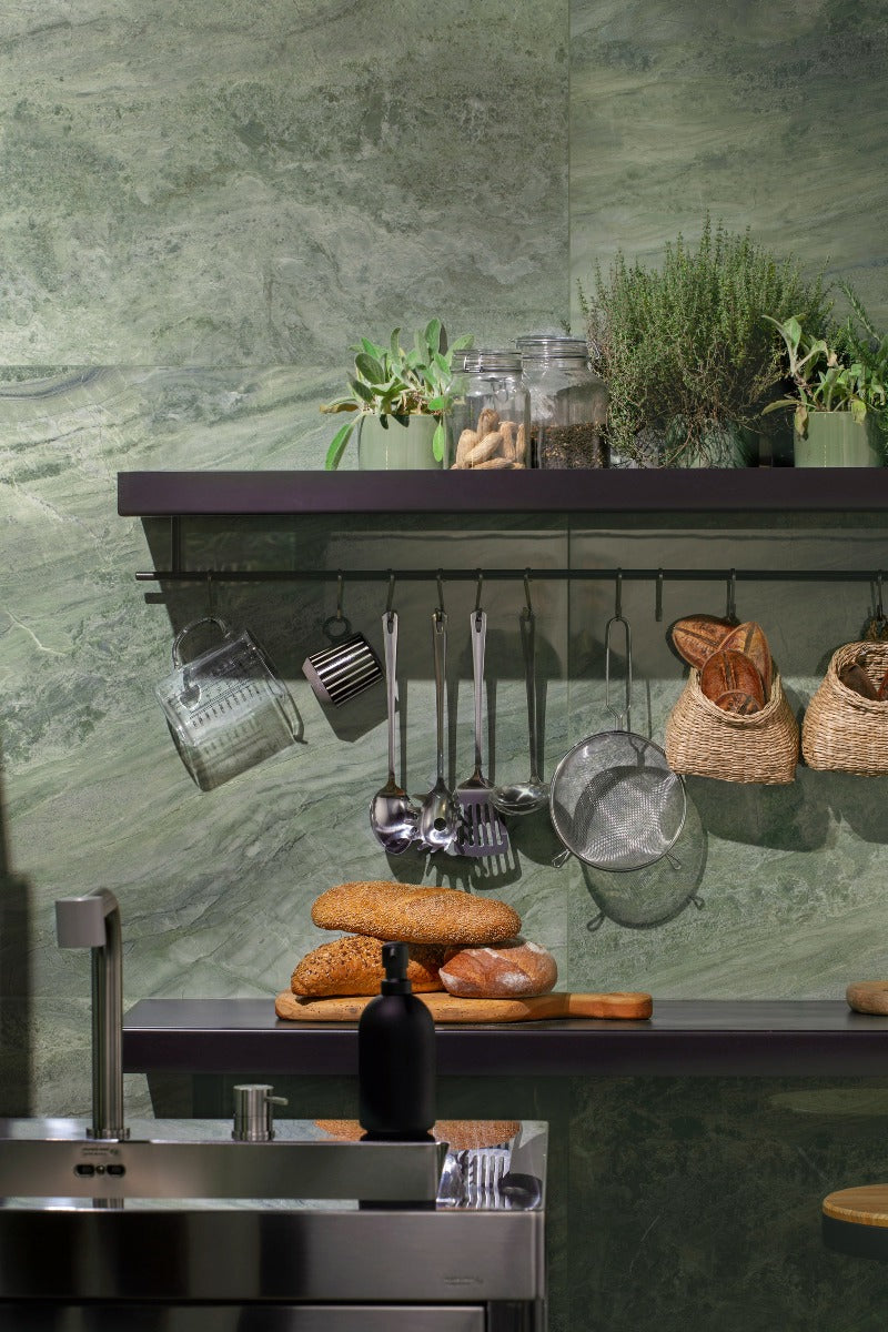 Paradiso Green Krystal 60 x 120cm, gloss porcelain tile for kitchens, bathrooms and hallways at Irwin Tiles, view 11