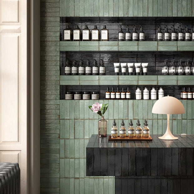 Tetris Sage Glossy 5x20cm, wall tile at Irwin Tiles