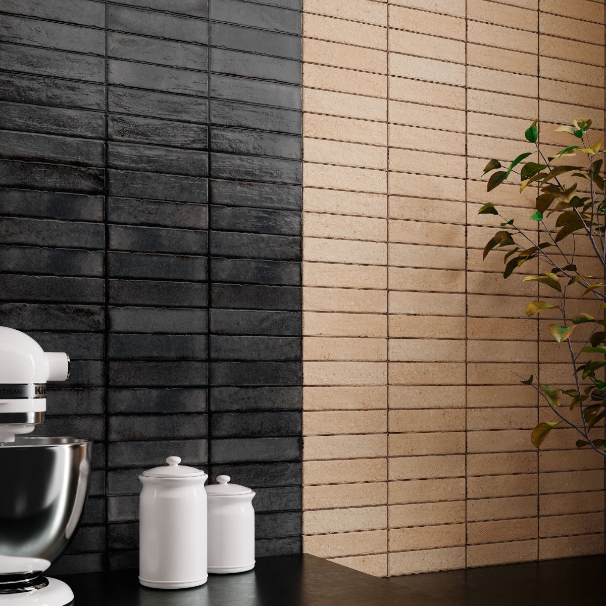 Tetris Smoke Glossy 5 x 20cm, porcelain wall tile for kitchen walls and splashbacks at Irwin Tiles
