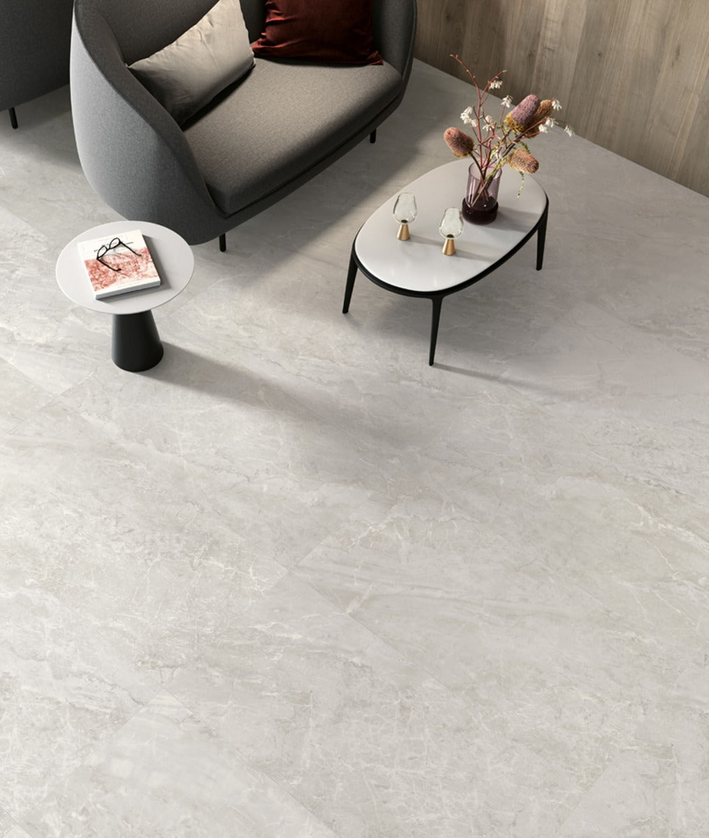 Trumari Silver (Krystal Finish) 90 x 180cm, gloss porcelain tile for kitchens, bathrooms and hallways at Irwin Tiles
