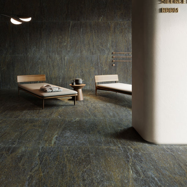 Serpentino Ridged 60x120cm, green matt tile at Irwin Tiles
