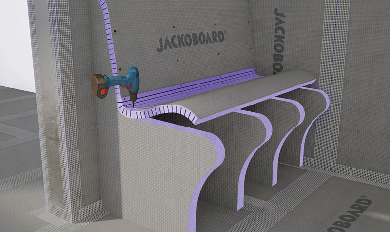 Jackoboard Curved Edge Shower Seat Kit with Backrest, shower seat kit for tiled wetroom and shower at Irwin Tiles, view 7