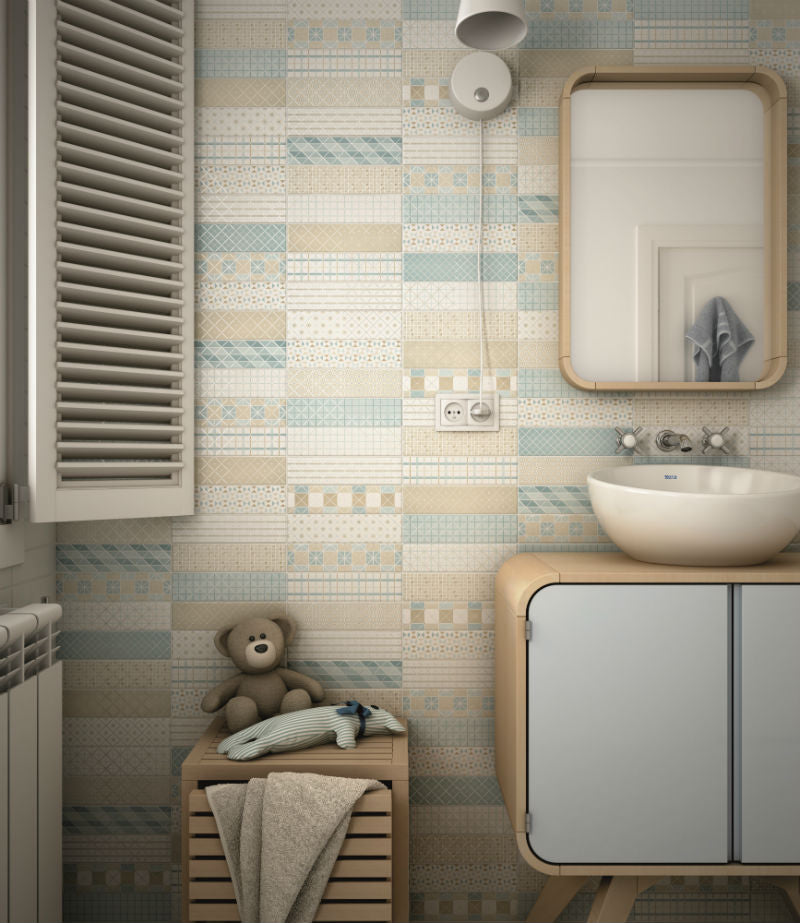 Dunas Mantille Blue/Lime 6x24.6cm, matt wall tile at Irwin Tiles