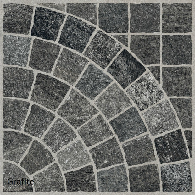 Valeria Grafite Arco (Cobble-Look with Arch) 60 x 60 x 2cm, matt paving at Irwin Tiles