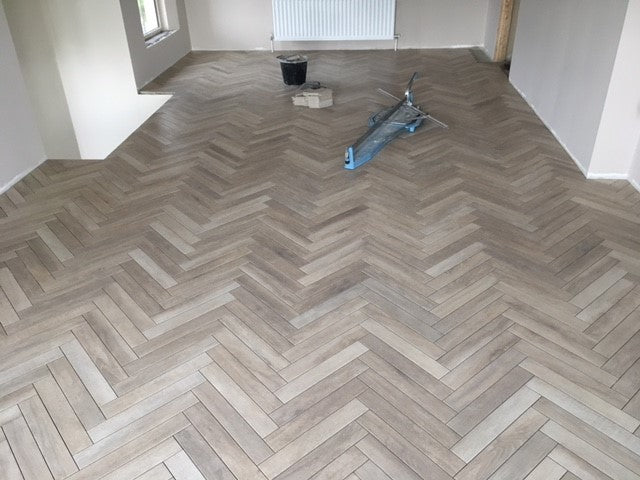 Greenwood Beige Herringbone, wood effect tile in 7.5x45cm at Irwin Tiles
